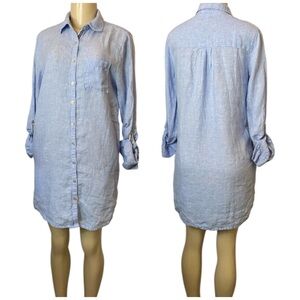 TAHARI 100% Linen Tunic Button Front Shirt Tunic Dress Roll Tab Sleeve Medium